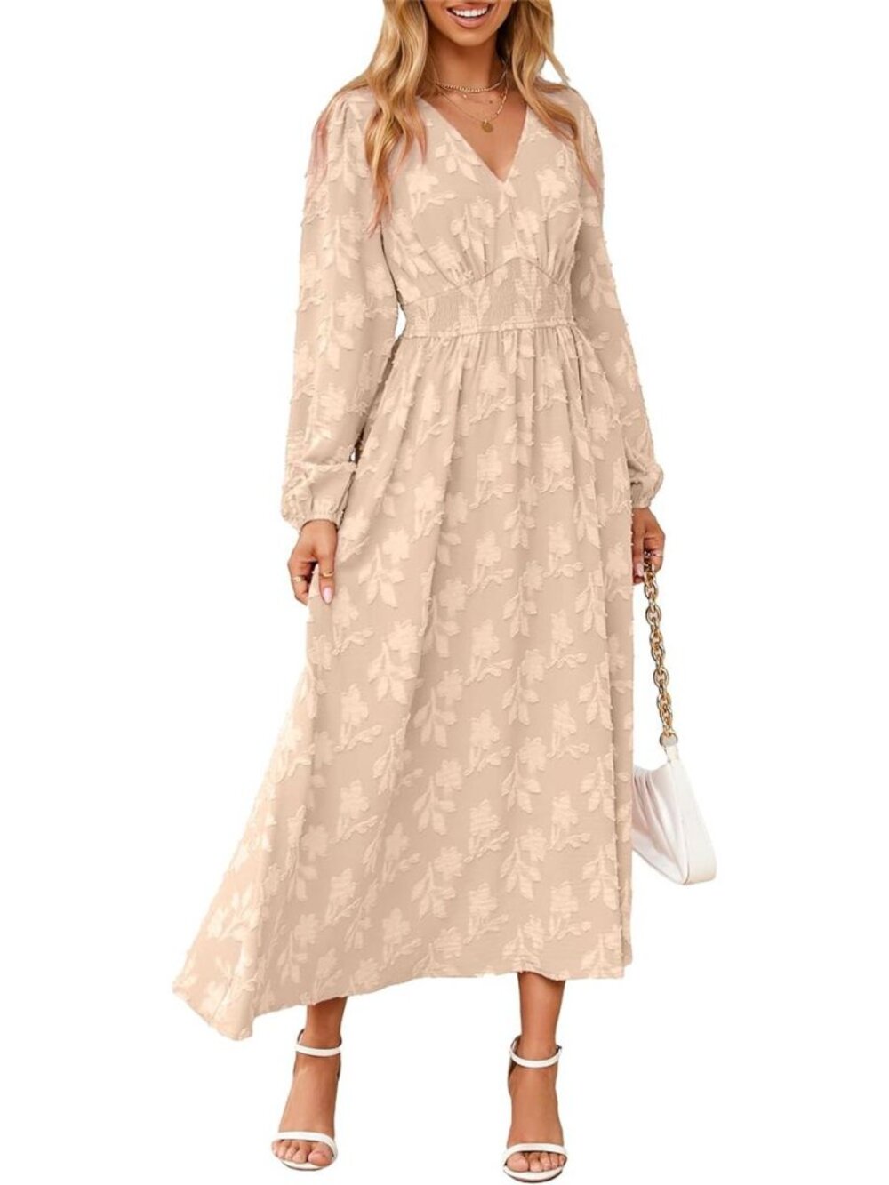 Simplee Womens Boho Floral Long Sleeve Maxi Dress V Neck Empire Waist Fall